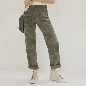 Anthropologie Green Floral Straight Leg Pants